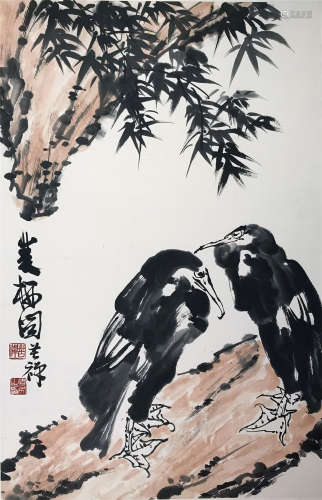 CHINESE SCROLL PAINTING OF BRIDS ON ROCK