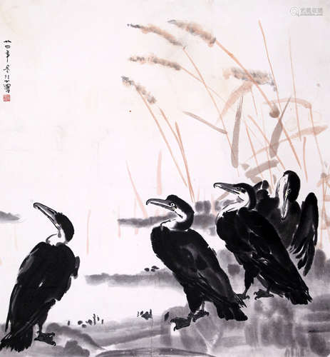 CHINESE SCROLL PAINTING OF BIRDS BY RIVER WITH PUBLICATION