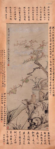 CHINESE SCROLL PAINTING OF DOG AND FLOWER