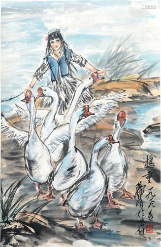 CHINESE SCROLL PAINTING OF GIRL AND GEESE
