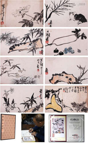 EIGHT PAGES OF CHINESE ABLUM PAINTING OF BIRD AND FLOWER WITH NOTABLE SPECIALIST'S CERTIFICATE