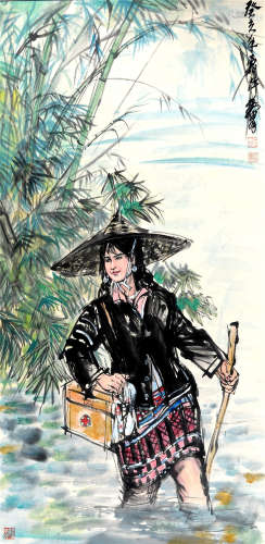 CHINESE SCROLL PAINTING OF GIRL IN RIVER