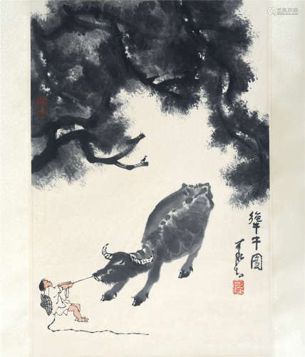 CHINESE SCROLL PAINTING OF BOY WITH OX