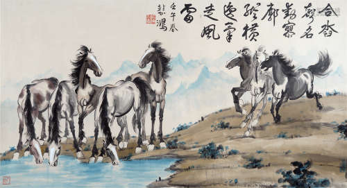 CHINESE SCROLL PAINTING OF HORSES BY RIVER