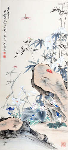 CHINESE SCROLL PAINTING OF DRAGONFLY AND ROCK