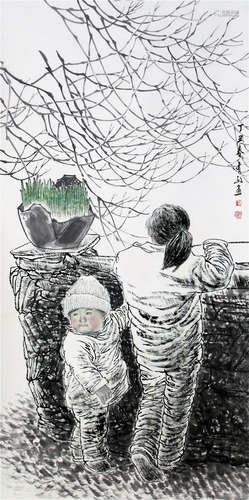 CHINESE SCROLL PAINTING OF TWO KIDS UNDER TREE WITH PUBLICATION