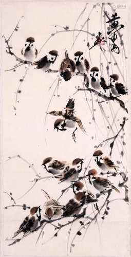 CHINESE SCROLL PAINTING OF SPARROWS ON WILLOW