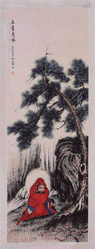 CHINESE SCROLL PAINTING OF LOHAN UNDER PINE