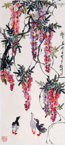 CHINESE SCROLL PAINTING OF DUCKS AND FLOWER