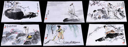 SIX PAGES OF CHINESE ABLUM PAINTING OF FIGURES WITH FLOWER