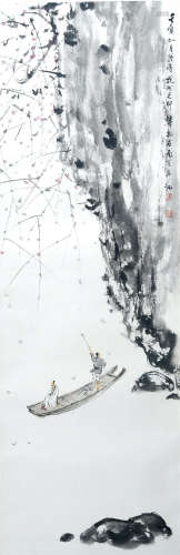 CHINESE SCROLL PAINTING OF BOAT MEN IN RIVER