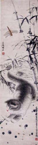 CHINESE SCROLL PAINTING OF CAT DRAGONFLY AND BAMBOO