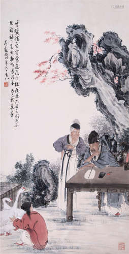 CHINESE SCROLL PAINTING OF FIGURES IN GARDEN
