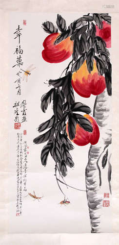 CHINESE SCROLL PAINTING OF PEACH AND INSECT