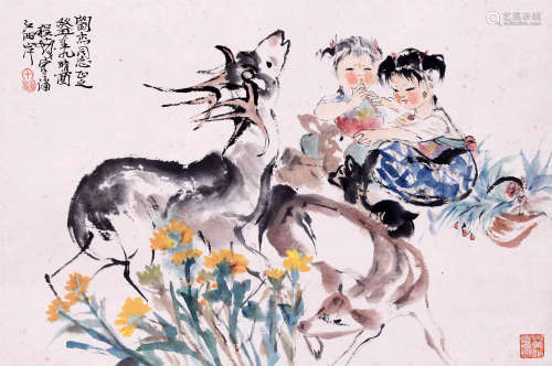 CHINESE SCROLL PAINTING OF GIRLS AND DEER