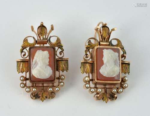 Pr. 14Kt. Gold Cameo Earrings with Seed Pearls