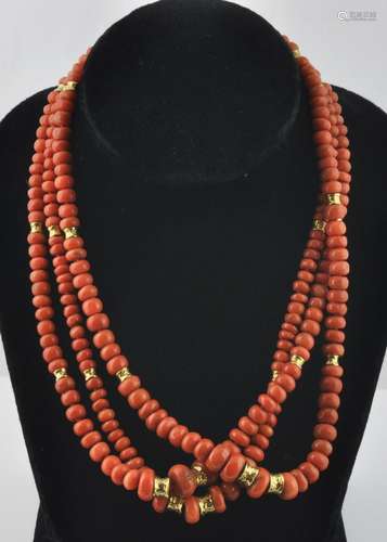 Triple Strand Natural Coral & Gold Bead Necklace