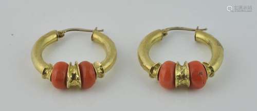 Pr. Etruscan Style Coral & Gold Hoop Earrings