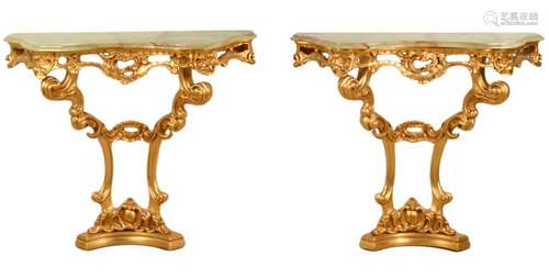 Pr. Carved Gilt Wood Consoles with Onyx Tops