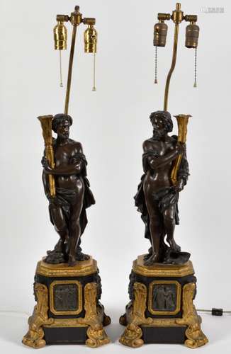 Pr. 19th C. Gilt & Bronze Figural Lamps