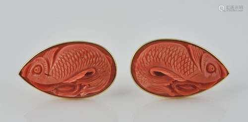 Vintage Salmon Carved Coral Fish Earrings