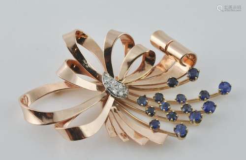 Large Retro Rose Gold, Sapphire & Diamond Brooch