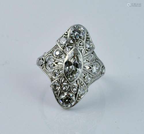 Art Deco Diamond & Platinum Filligree Navette Ring