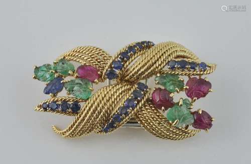 David Webb Ruby, Emerald & Sapphire Brooch