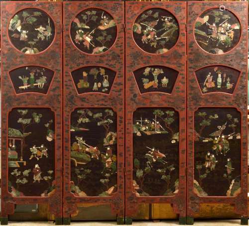 19th C. Chinese 4 Panel Red Laquer & Jade Screen