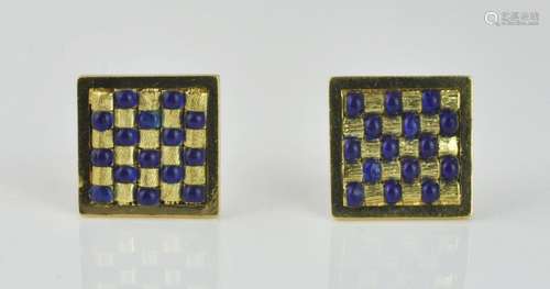 Pr. 18 kt. Gold & Blue Enamel Clip Earrings