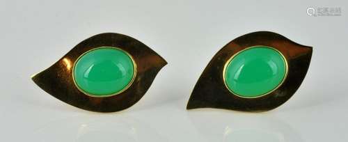 Vintage Modernist Chrysoprase & Gold Clip Earrings