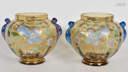 Pr. Bohemian Painted & Enameled Glass Urns