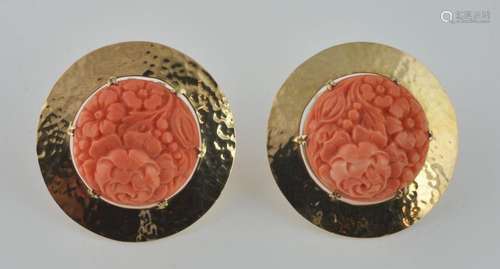 Vintage Carved Salmon Coral & Gold Earrings