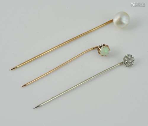 3 Stick Pins with Diamond, Opal & Pearl Tops