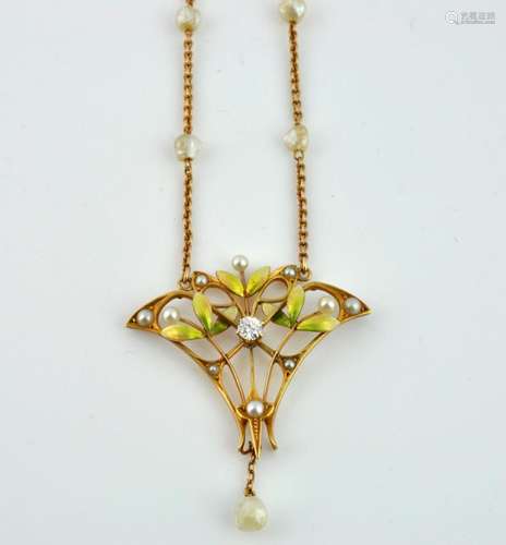 14kt Gold, Diamond & Pearl Art Nouveau Necklace