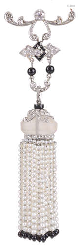 An Art Deco rock crystal, diamond and 'seed' pearl pendant brooch