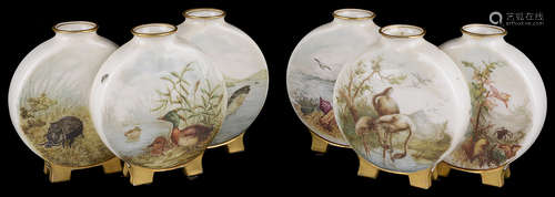 Pair of Royal Worcester aesthetic movement triple moon flasks c1880(2)