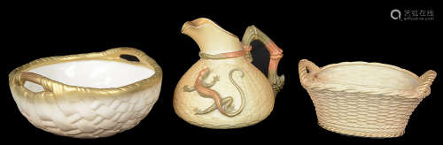 Royal Worcester blush ivory lizard jug; two other blush ivory items(3)