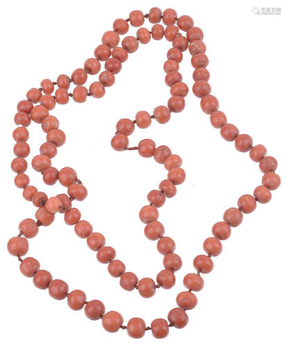 A natural red coral bead necklace