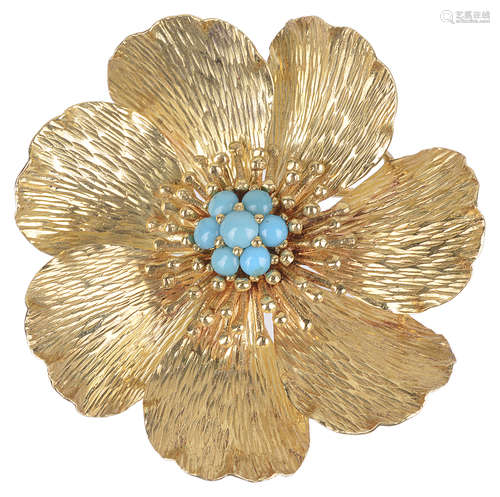 An attractive Continental turquoise set flower brooch, circa 1960