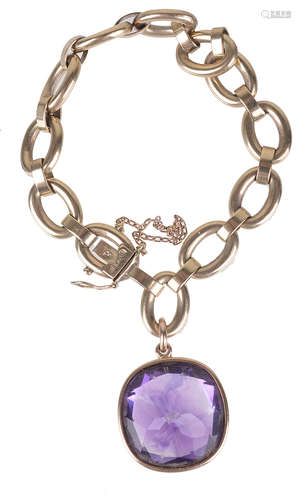 A gold fancy link bracelet having amethyst pendant drop, approx. 30cts