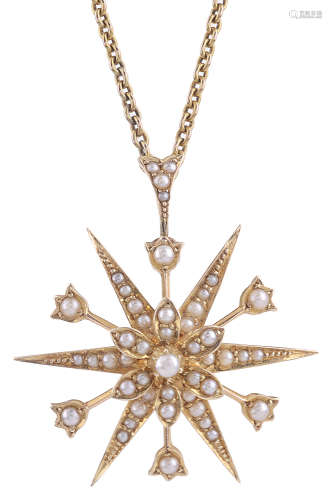 A delicate Vict. gold and seed pearl set star pendant / hair piece