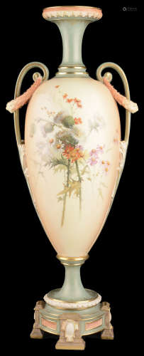 A tall Royal Worcester twin handle vase, circa 1899