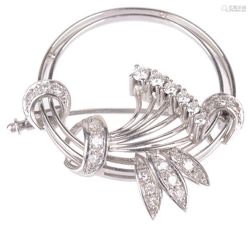 A Continental 14K white gold diamond set cocktail brooch, circa 1960