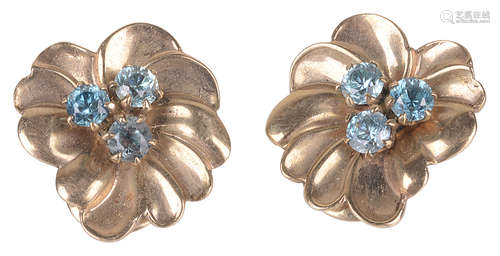 A pair of Continental blue zircon set floral ear clips, circa 1950