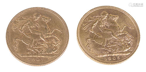 Two Edward VII gold full sovereigns(2)