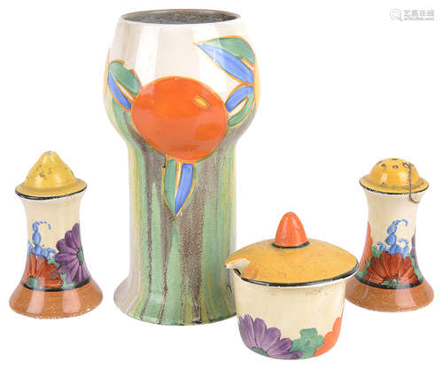 A collection of Clarice Cliff Bizarre cruets and vase(4)