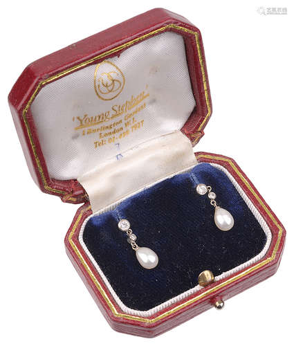 Continental Edwardian diamond and cultured pearl ear drops