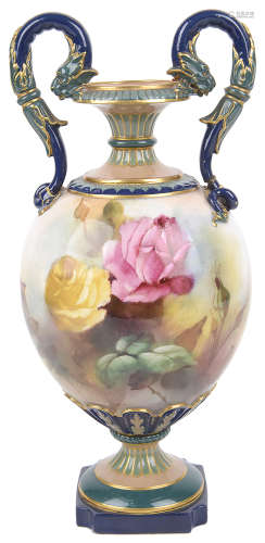 A Royal Worcester twin handled vase by Reginald (Harry) Austin, c1906
