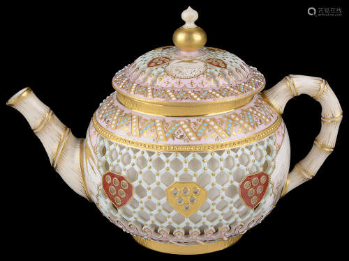 A Royal Worcester cabinet reticulated teapot, attr. to George Owen